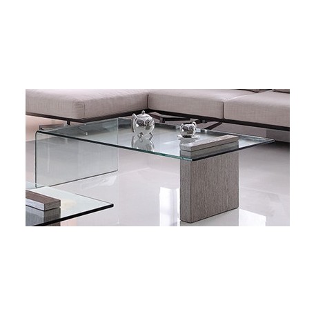 Table basse ARV-GA701 plateau verre, pied mdf imitation béton 