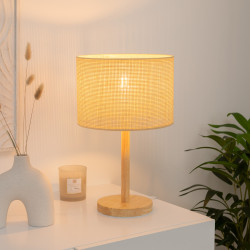 Lampe bois clair abat-jour jute nature H42