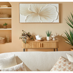 Tableau  3D fleur beige/blanc cadre bois 58x118