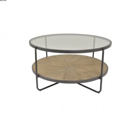 Table basse ronde verre / bois / métal noir 