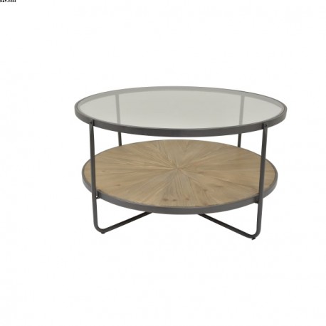 Table basse ronde verre / bois / métal noir 