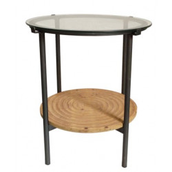 Table d'appoint ronde verre / bois / métal noir 